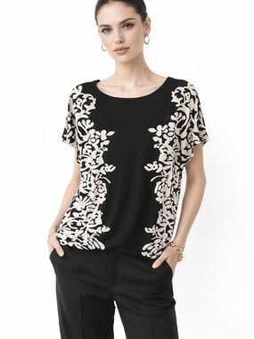 Relipop Floral-Accent Short Sleeve Blouse Black White Large